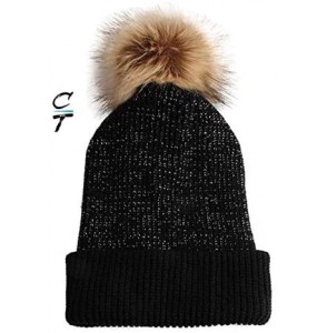 Skullies & Beanies Slouchy Faux Fur Pom Beanie Hats with Metallic Knitted Style for Extra Warmth and Comfort - Black/ Red - C...