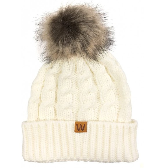 Skullies & Beanies Mommy & Me Mother Child Winter Warm Soft Knit Beanie with Pom Pom - Ivory - CA180K8MTCH