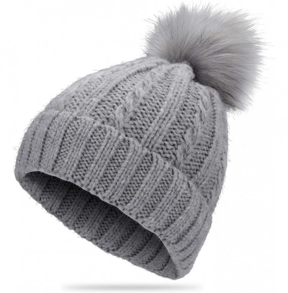 Skullies & Beanies Women Winter Beanie Hats Faux Fur Pom Pom Beanie Hat - Grey - C118XD9L89D