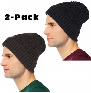 Skullies & Beanies Mens Slouchy Beanie Wool Knit Winter Hat Skull Cap with Fur Lining 2- Pack - Black & Brown - CV185QDLDWI