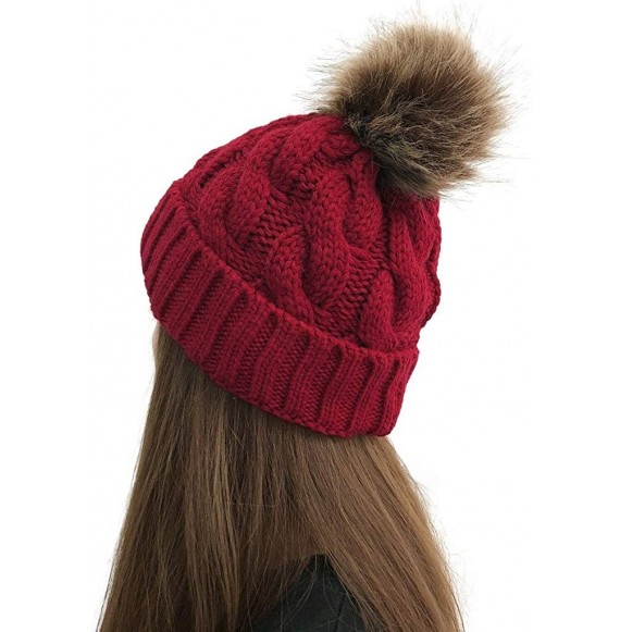 Skullies & Beanies Womens Winter Beanie Hat- Warm Fleece Lined Knitted Soft Ski Cuff Cap with Pom Pom - Wine - C218A6ZH5D7