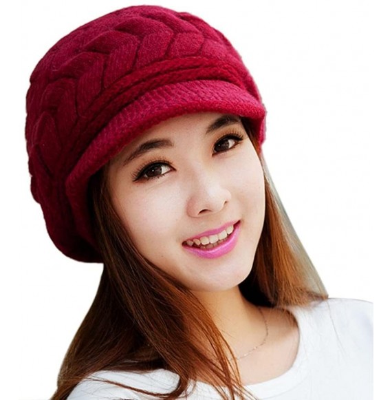 Skullies & Beanies Women Fashion Winter Skull Beanies Knitted Hats Cap Snow Ski With Visor - Red - CM188N7OMI5