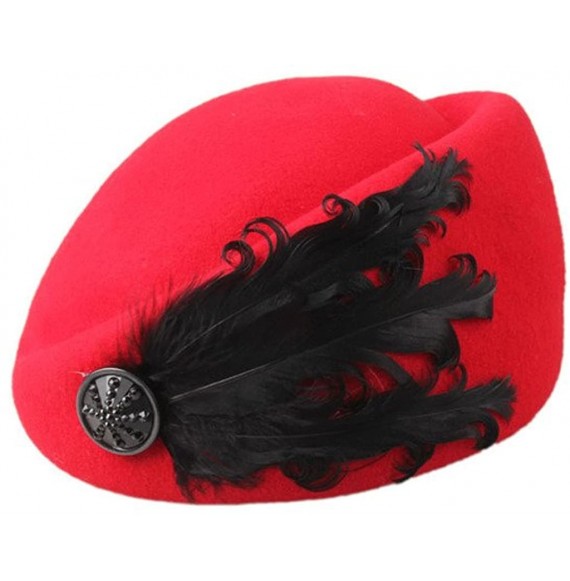 Berets Women's Vintage Feather Wool Beret Cap British Style Pillbox Hat - Red - CN124X1DF6J