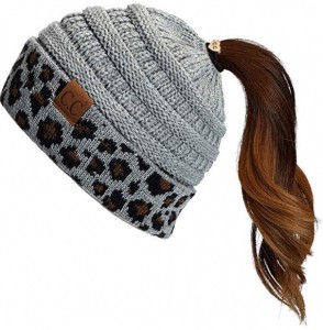 Skullies & Beanies Beanie Ponytail Beanie Messy bun Beanie Soft Warm Cable Winter Chunky Skull Cap - Leopard Lt. Melange Grey...