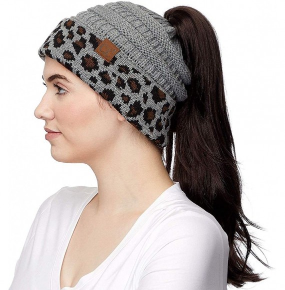 Skullies & Beanies Beanie Ponytail Beanie Messy bun Beanie Soft Warm Cable Winter Chunky Skull Cap - Leopard Lt. Melange Grey...