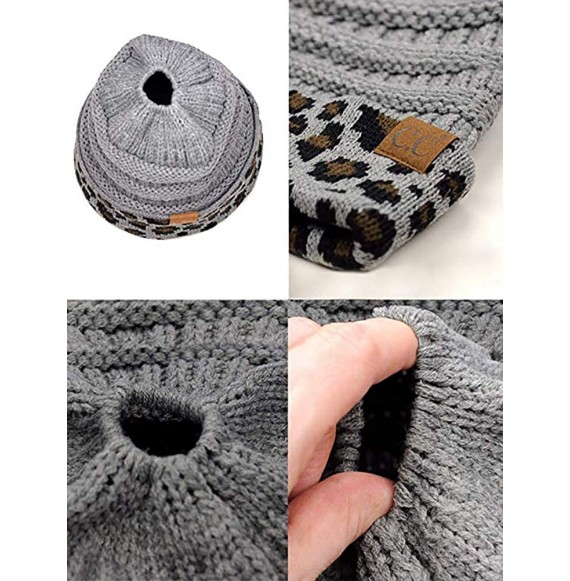 Skullies & Beanies Beanie Ponytail Beanie Messy bun Beanie Soft Warm Cable Winter Chunky Skull Cap - Leopard Lt. Melange Grey...