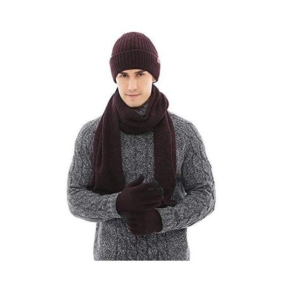 Skullies & Beanies 3 Pieces Winter Warm Knit Beanie Hat + Long Scarf + Non-Slip Touch Screen Gloves Gift Set Scarfs for Men W...