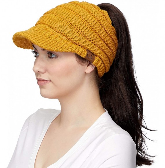 Skullies & Beanies Messy Bun Ponytail Visor Brim Beanie Hat Bundle Hair Tie (MB-131) - Mustard - CA18SI9ZQSY