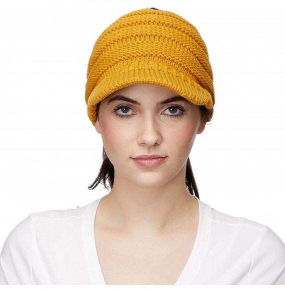 Skullies & Beanies Messy Bun Ponytail Visor Brim Beanie Hat Bundle Hair Tie (MB-131) - Mustard - CA18SI9ZQSY