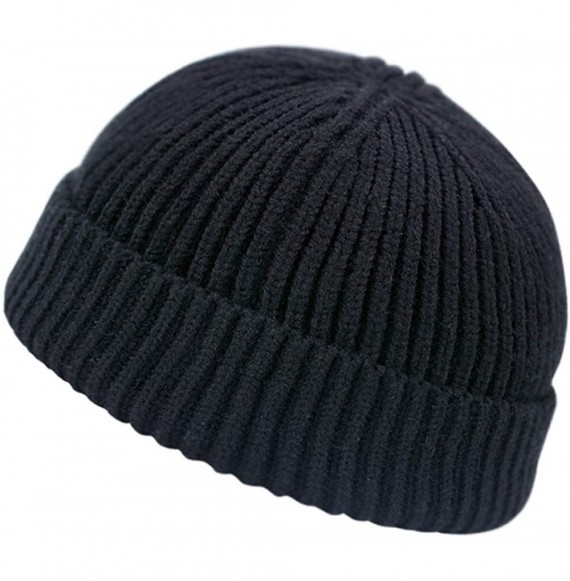 Skullies & Beanies Unisex Rollup Edge Knit Skullcap Adjustable Short Beanie for Men Women - Black - CA187Q9QMNR