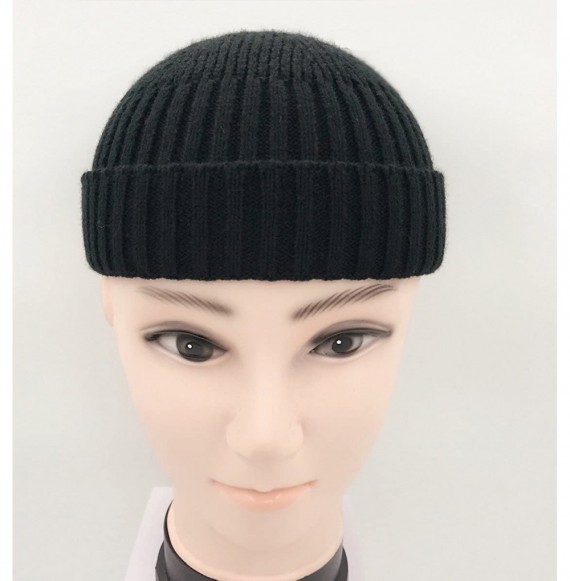 Skullies & Beanies Unisex Rollup Edge Knit Skullcap Adjustable Short Beanie for Men Women - Black - CA187Q9QMNR