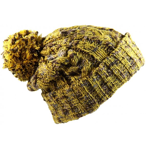 Skullies & Beanies Winter Warm Baggy Knit Slouchy Multi Color Beanie Hat with Pom Pom - Mustard/Multi - C5186AZDNGK