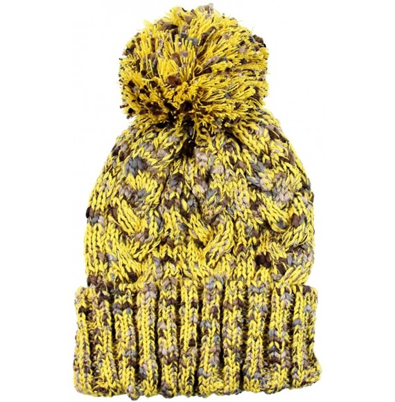 Skullies & Beanies Winter Warm Baggy Knit Slouchy Multi Color Beanie Hat with Pom Pom - Mustard/Multi - C5186AZDNGK