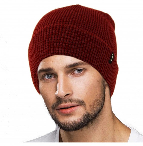 Skullies & Beanies Men's Winter Classic Soft Knit Stretchy Warm Beanie Skully Ski Hat Cap - Waffle Solid Burgundy - CI18I8S00KO