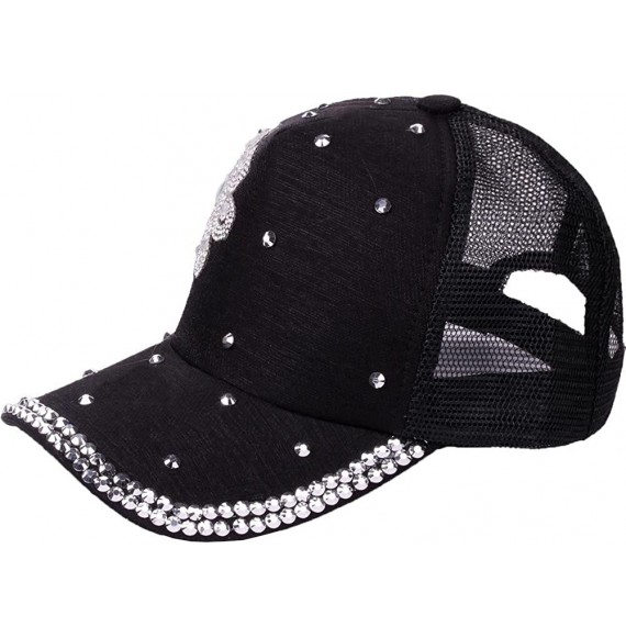 Baseball Caps Rhinestone Flower Ponytail Baseball Cap Adjustable Hat Sun Visor Hat for Women Girls - Black - CX18EZLTOON