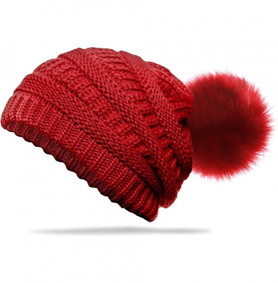 Skullies & Beanies Slouchy Winter Knit Beanie Cap Chunky Faux Fur Pom Pom Hat Bobble Ski Cap - Burgundy 02 - CY18RQSWOK2