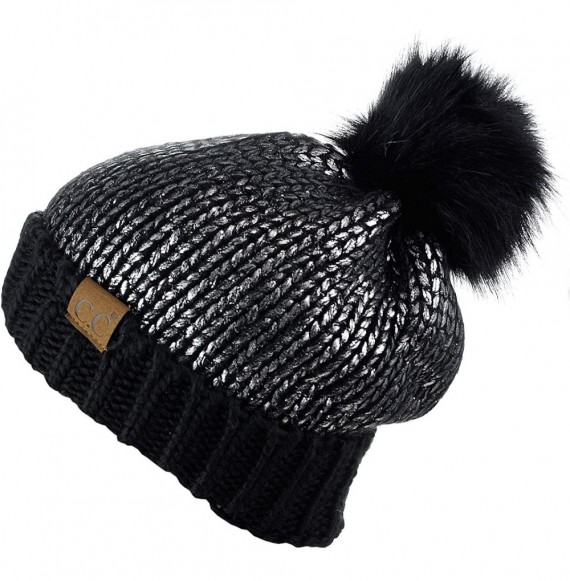 Skullies & Beanies Women's Faux Fur Pom Shiny Metallic Finished Knit Beanie Hat - Black/Silver - CT18IQI3HWL