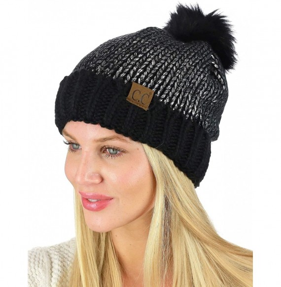 Skullies & Beanies Women's Faux Fur Pom Shiny Metallic Finished Knit Beanie Hat - Black/Silver - CT18IQI3HWL