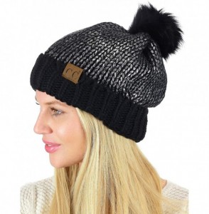 Skullies & Beanies Women's Faux Fur Pom Shiny Metallic Finished Knit Beanie Hat - Black/Silver - CT18IQI3HWL