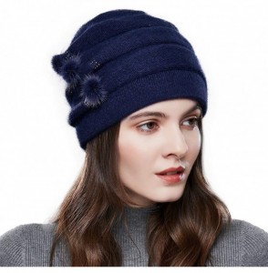 Skullies & Beanies Winter French Beret for Women 100% Angora Wool Classic Beret Beanie - 3 Pom-navy - CC18YX93UDE