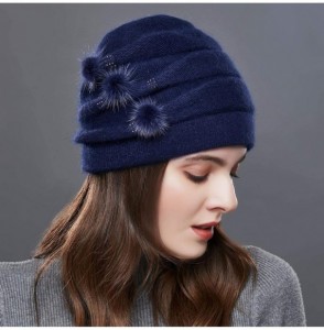 Skullies & Beanies Winter French Beret for Women 100% Angora Wool Classic Beret Beanie - 3 Pom-navy - CC18YX93UDE