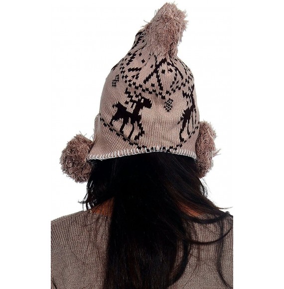 Skullies & Beanies Women's Knit Winter Beanie w/Earflap and Pom Balls - 3393_khaki Deer - C1127SEA0N3