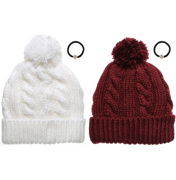 Skullies & Beanies Women's Thick Oversized Cable Knitted Fleece Lined Pom Pom Beanie Hat with Hair Tie. - 1 White&1 Burgudy -...