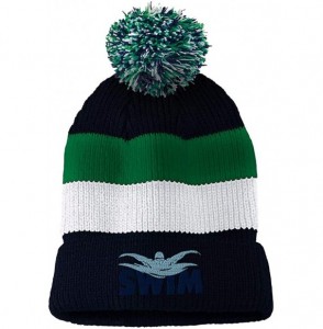 Skullies & Beanies Custom Vintage Pom Pom Beanie Swim Word and Swimmer Embroidery Acrylic - Navy Stripes - CT18A60YXC7