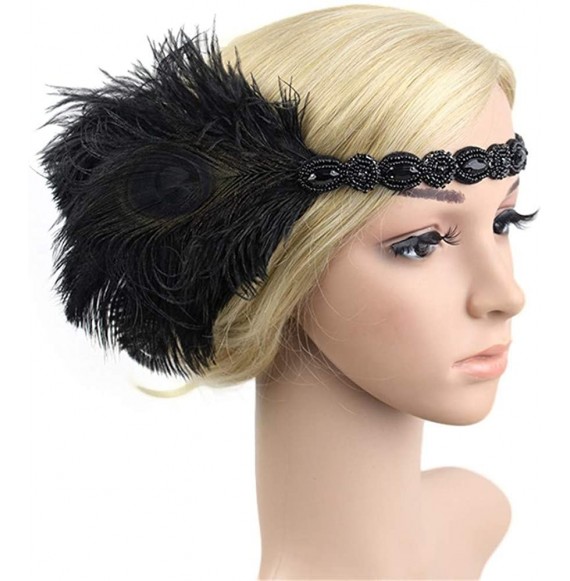 Headbands 1920s Headpiece Feather Flapper Headband Great Gatsby Headdress Vintage Accessory - Black -4 - CH18K6TIH4O