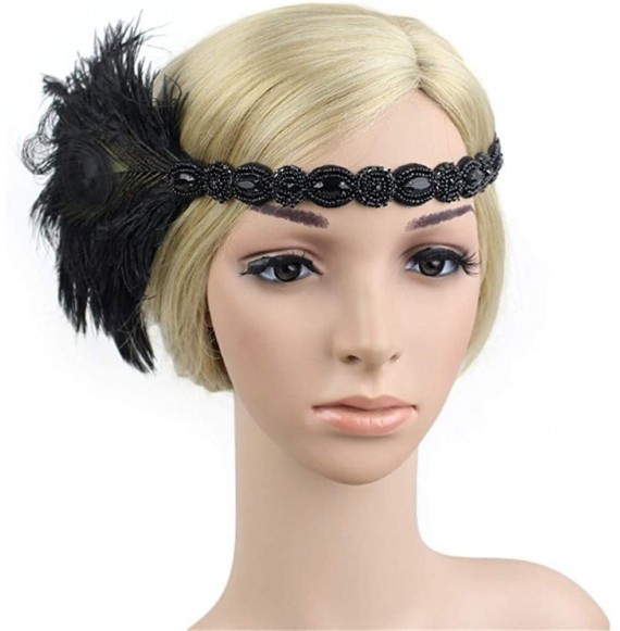 Headbands 1920s Headpiece Feather Flapper Headband Great Gatsby Headdress Vintage Accessory - Black -4 - CH18K6TIH4O