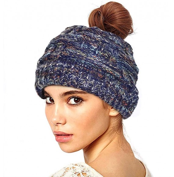 Skullies & Beanies Messy Bun Ponytail Beanie Hat Colored Dots Cable Knit Cap for Women Girls Winter - Blue - CM18AQQ48C0