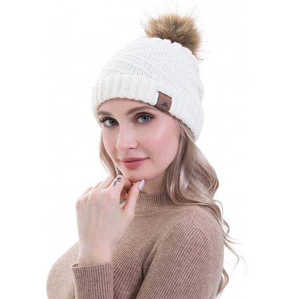 Skullies & Beanies Women Winter Knit Beanie with Fur Pompom Slouchy Cozy Warm Hat Girl Oversize Stretchy Snowboarding Ski Cap...