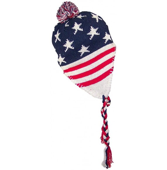 Skullies & Beanies Adult Knit Ear Flap Hat W/Pom Pom (One Size) - American Flag - Red/Off White/Blue - CO12NGDPDA6