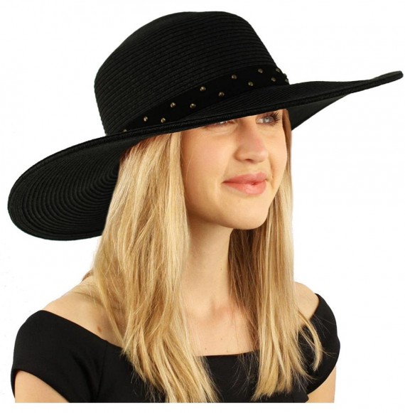 Sun Hats Metal Rivets Hatband Floppy Wide Brim 4" Summer Beach Pool Sun Hat - Black - CI18D39E5Z6