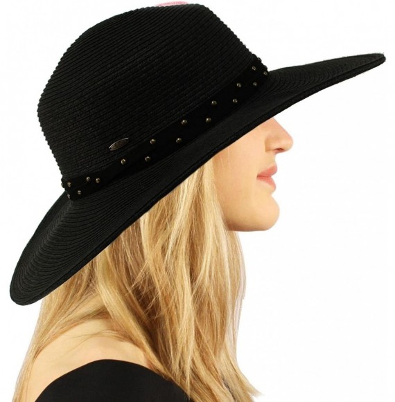 Sun Hats Metal Rivets Hatband Floppy Wide Brim 4" Summer Beach Pool Sun Hat - Black - CI18D39E5Z6