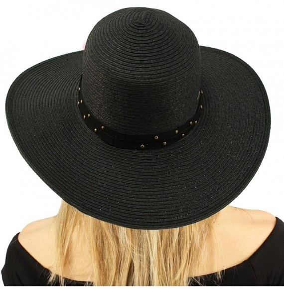 Sun Hats Metal Rivets Hatband Floppy Wide Brim 4" Summer Beach Pool Sun Hat - Black - CI18D39E5Z6