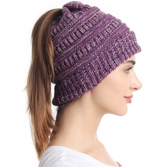 Skullies & Beanies Ponytail Messy Bun Beanie Tail Knit Hole Soft Stretch Cable Winter Hat for Women - 3 Tone Purple - CJ18X62...