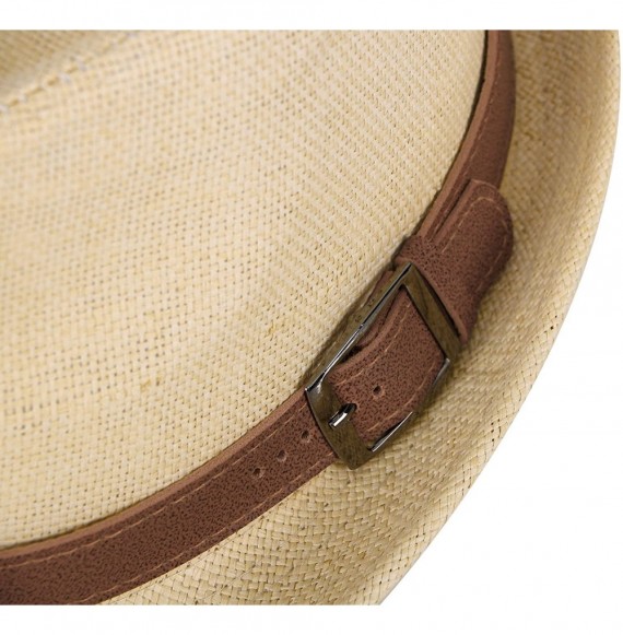 Fedoras Men/Womens Outdoor Casual Structured Straw Fedora Hat w/PU Leather Strap - Natural Hat Brown Belt - CK1804OQ7N9