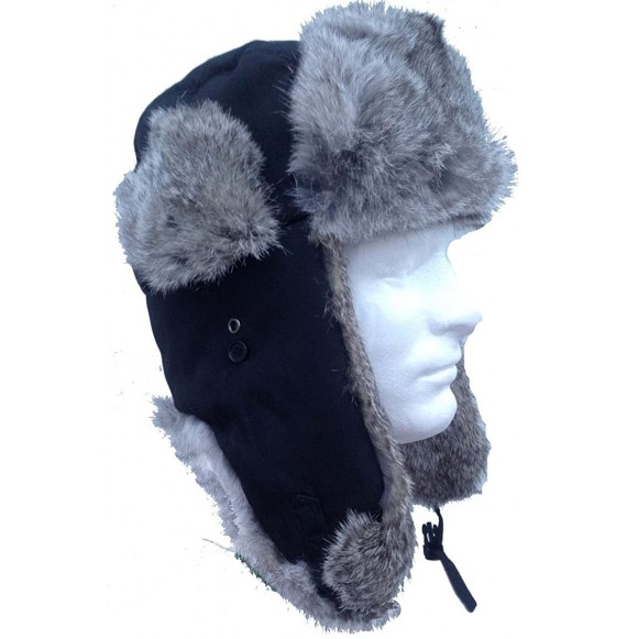 Bomber Hats Black Nylon Real Silver Rabbit Fur Trooper Trapper Aviator Hat - CN11QN7LO3X