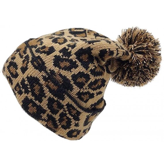 Skullies & Beanies Women Knit Hats Warm Leopard Beanie with Pom - Pink - CA18U8Q58SA