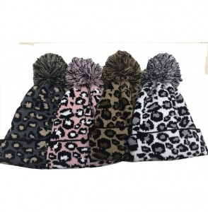 Skullies & Beanies Women Knit Hats Warm Leopard Beanie with Pom - Pink - CA18U8Q58SA