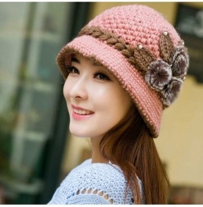 Skullies & Beanies Special Women Lady Winter Warm Crochet Knitted Flowers Decorated Ears Hat - Pink - CR18HYWWUMY