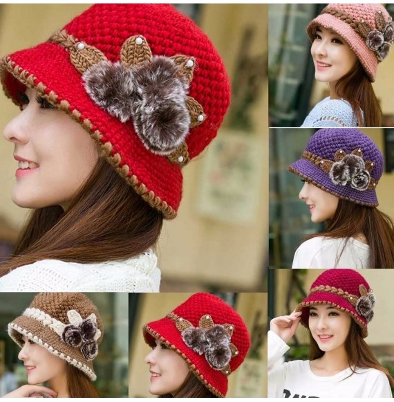 Skullies & Beanies Special Women Lady Winter Warm Crochet Knitted Flowers Decorated Ears Hat - Pink - CR18HYWWUMY