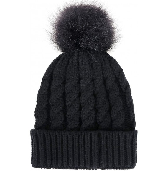 Skullies & Beanies Women's Winter Soft Chunky Cable Knit Pom Pom Beanie Hats Skull Ski Cap - Black1 - C7188AQSX40