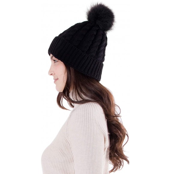 Skullies & Beanies Women's Winter Soft Chunky Cable Knit Pom Pom Beanie Hats Skull Ski Cap - Black1 - C7188AQSX40