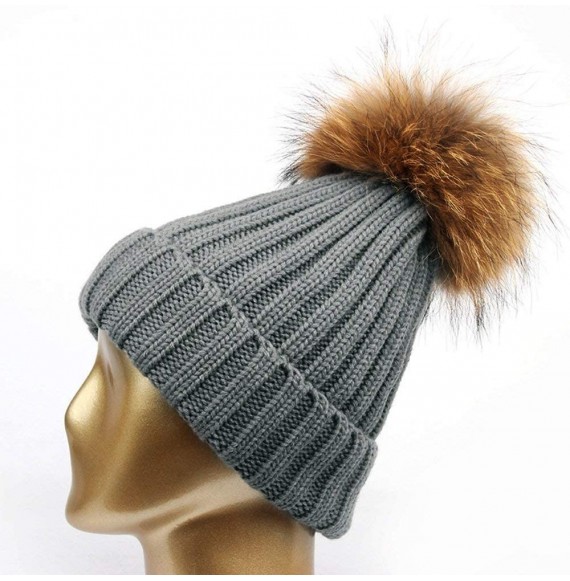 Skullies & Beanies Winter Knitted Beanie Hat Soft Warm Wool Hat with Removable Faux Fur Pom Pom - Gray - C618IHCHCN0