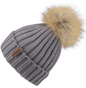 Skullies & Beanies Winter Knitted Beanie Hat Soft Warm Wool Hat with Removable Faux Fur Pom Pom - Gray - C618IHCHCN0