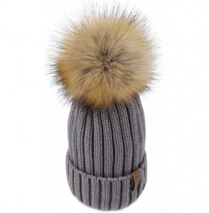 Skullies & Beanies Winter Knitted Beanie Hat Soft Warm Wool Hat with Removable Faux Fur Pom Pom - Gray - C618IHCHCN0