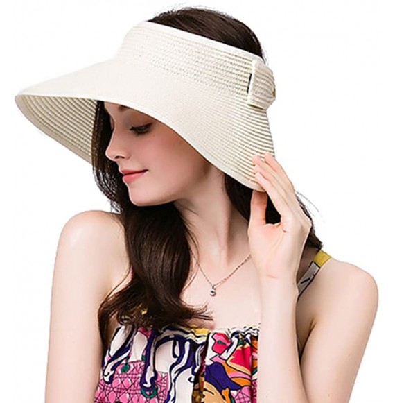 Sun Hats Lullaby Women's UPF 50+ Packable Wide Brim Roll-Up Sun Visor Beach Straw Hat - White - CR1842580R5