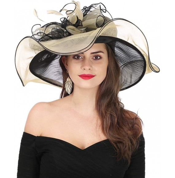 Sun Hats Women Kentucky Derby Church Cap Wide Brim Summer Sun Hat for Party Wedding - Bowknot-black/Champagne - C618E669TR0